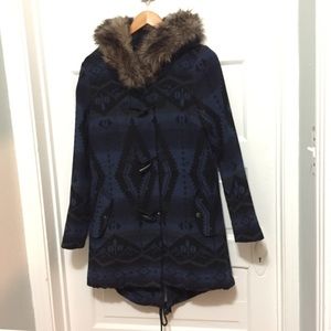 BB Dakota Navy Patterned Coat with Faux Fur Hood